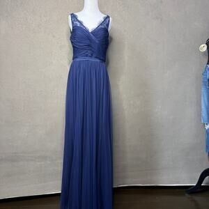 Anthropologie Hitherto Dusty Blue Chiffon Lace Women's Size 8 Formal Maxi V Neck